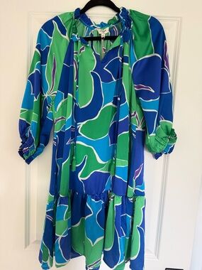 Women's Blue & Green Floral Midi Dress with Tie Neck